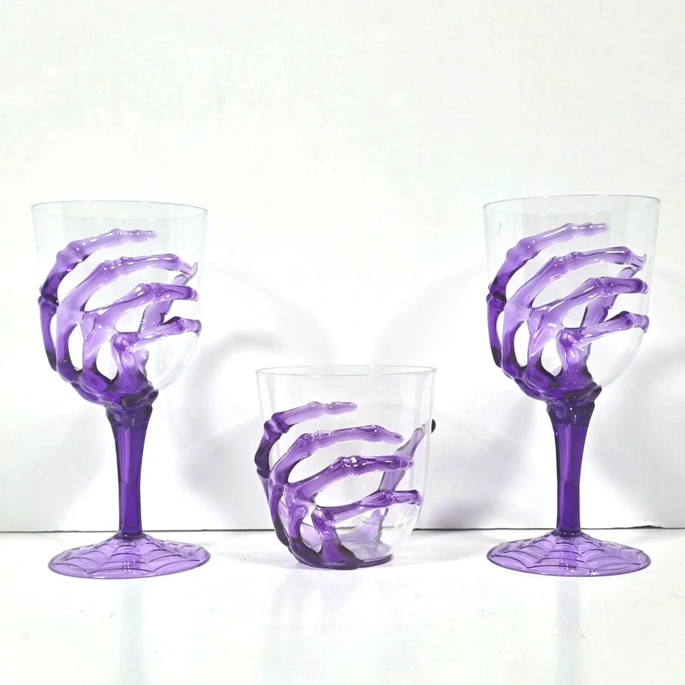 Set of 3 Halloween Skeleton Hand Goblet Purple Acrylic Wine Glass Party Drinking